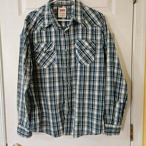 LeVI’S Western Shirt Mens Sz L Pearl Button Snaps Cowboy Blue Plaid Cotton Blend